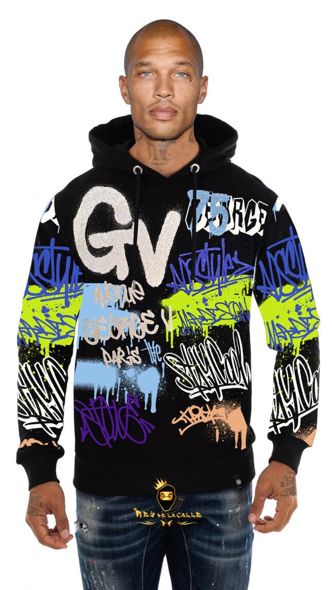 Sudadera Avenue George V París Negra Pedrería Brillante GV Grafittis