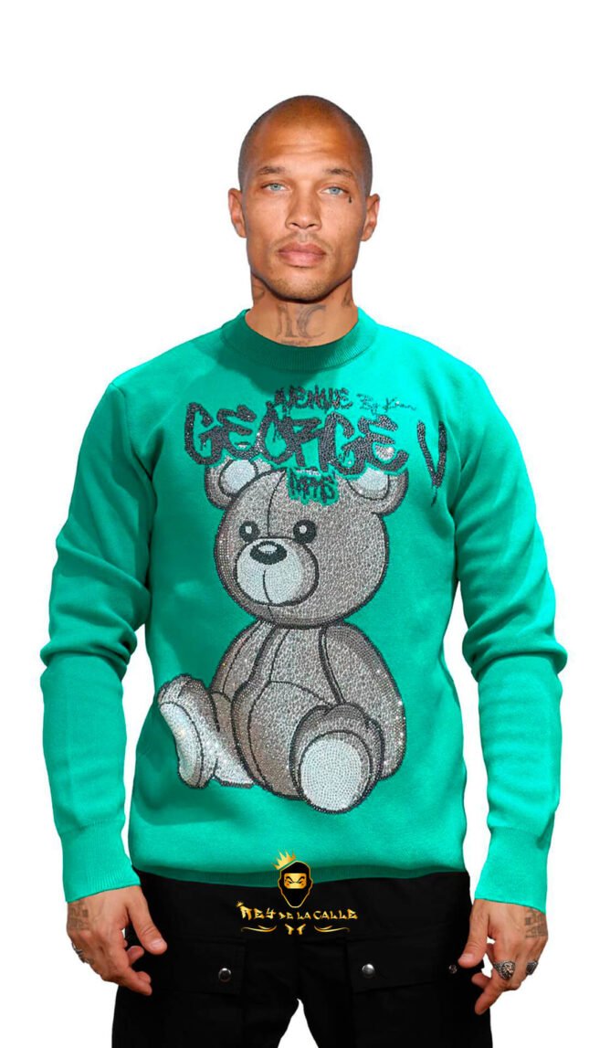 Sudadera Avenue George V París Verde Pedrería Brillante Oso Gris