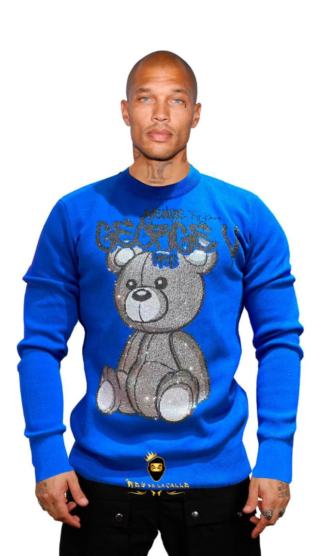 Sudadera Avenue George V París Azul Pedrería Brillante Oso Gris