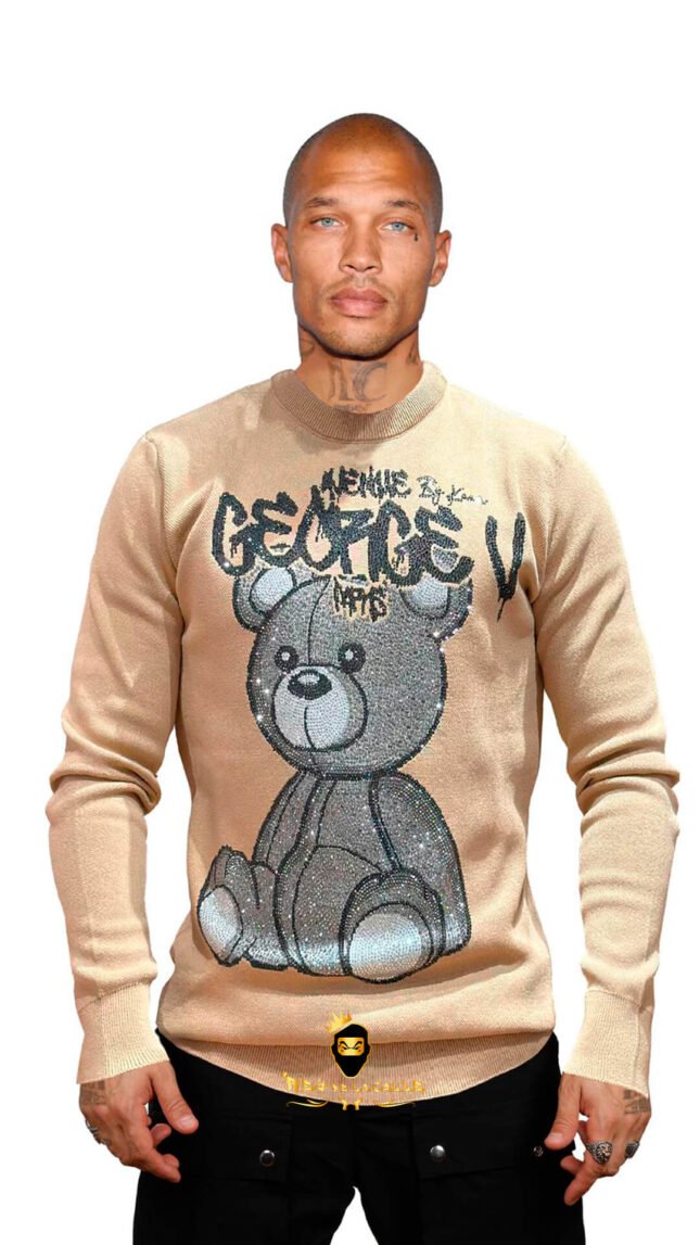 Sudadera Avenue George V París Beige Pedrería Brillante Oso Gris