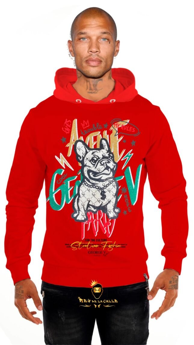 Sudadera Avenue George V París Roja Pedrería Brillante French Bulldog