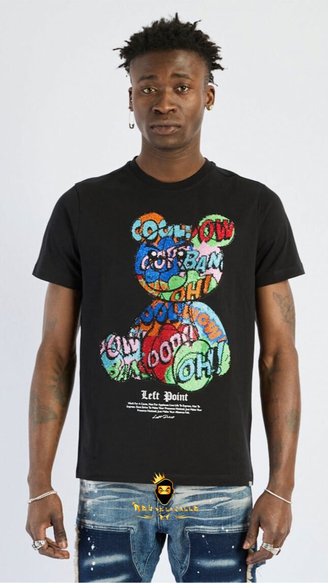 Camiseta Left Point Negra Pedrería Brillante Oso Colorido