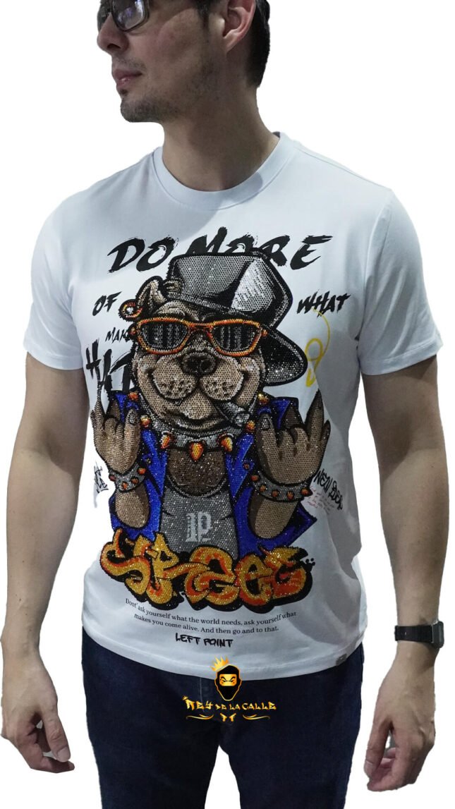 Camiseta Left Point Blanca Pedrería Brillante Perro Street