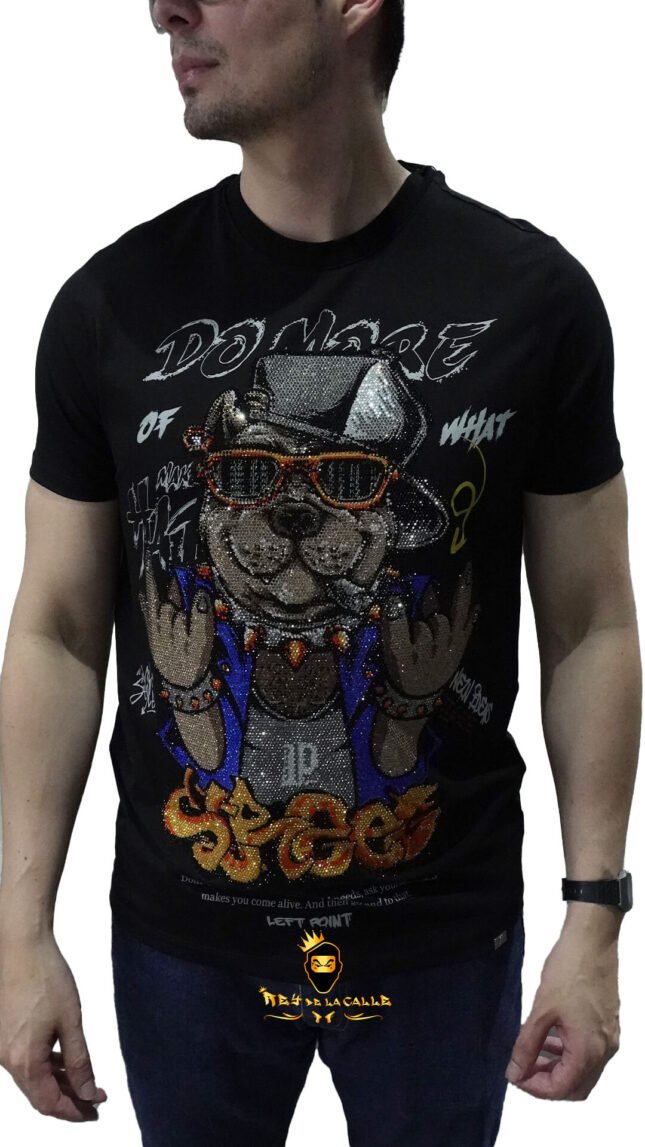 Camiseta Left Point Negra Pedrería Brillante Perro Street