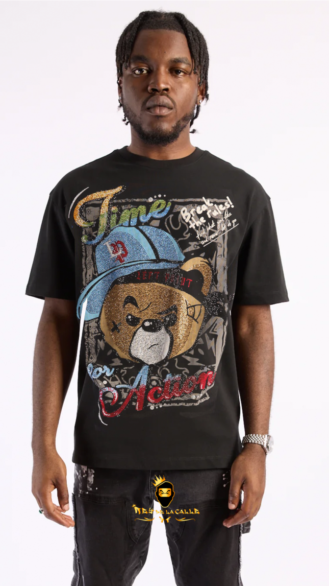 Camiseta Left Point Negra Pedrería Brillante Oso Time For Action