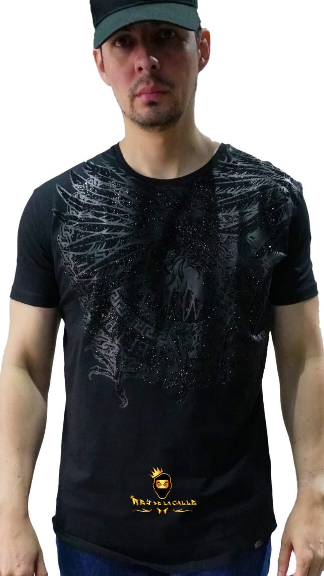 Camiseta Left Point Negra Pedrería Brillante Águila