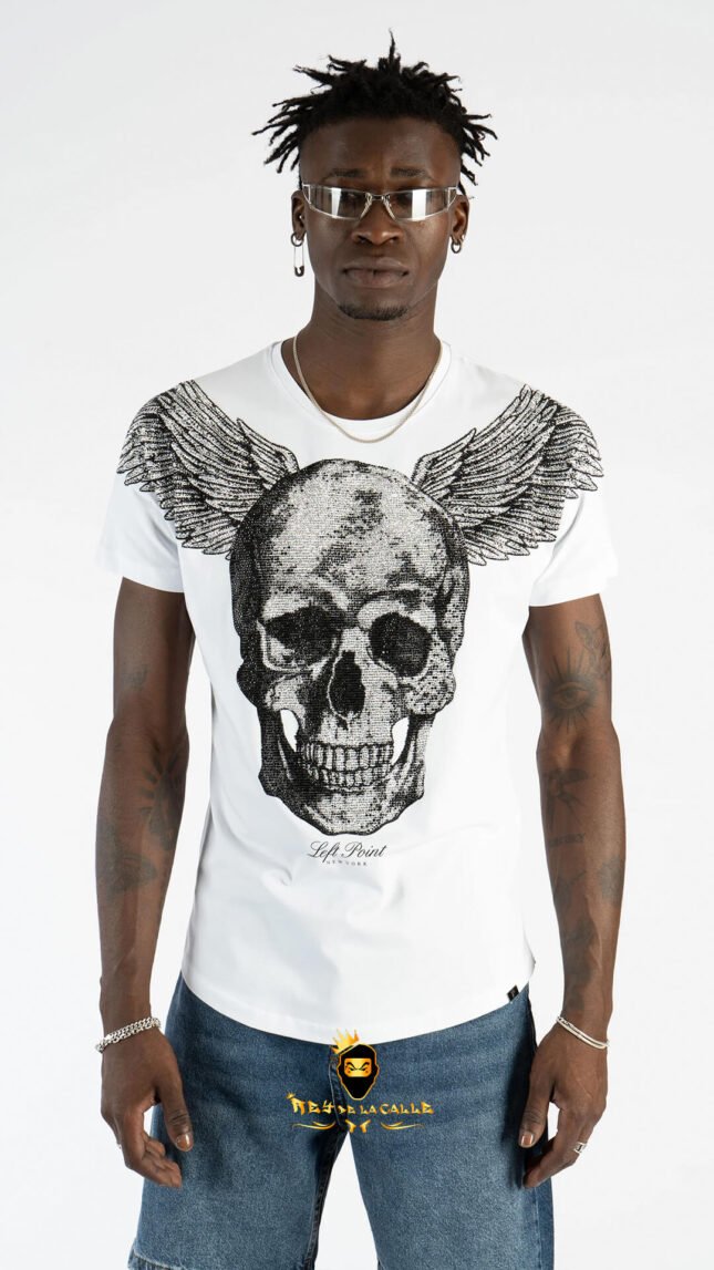 Camiseta Left Point Blanca Pedrería Brillante Calavera Con Alas Plateada