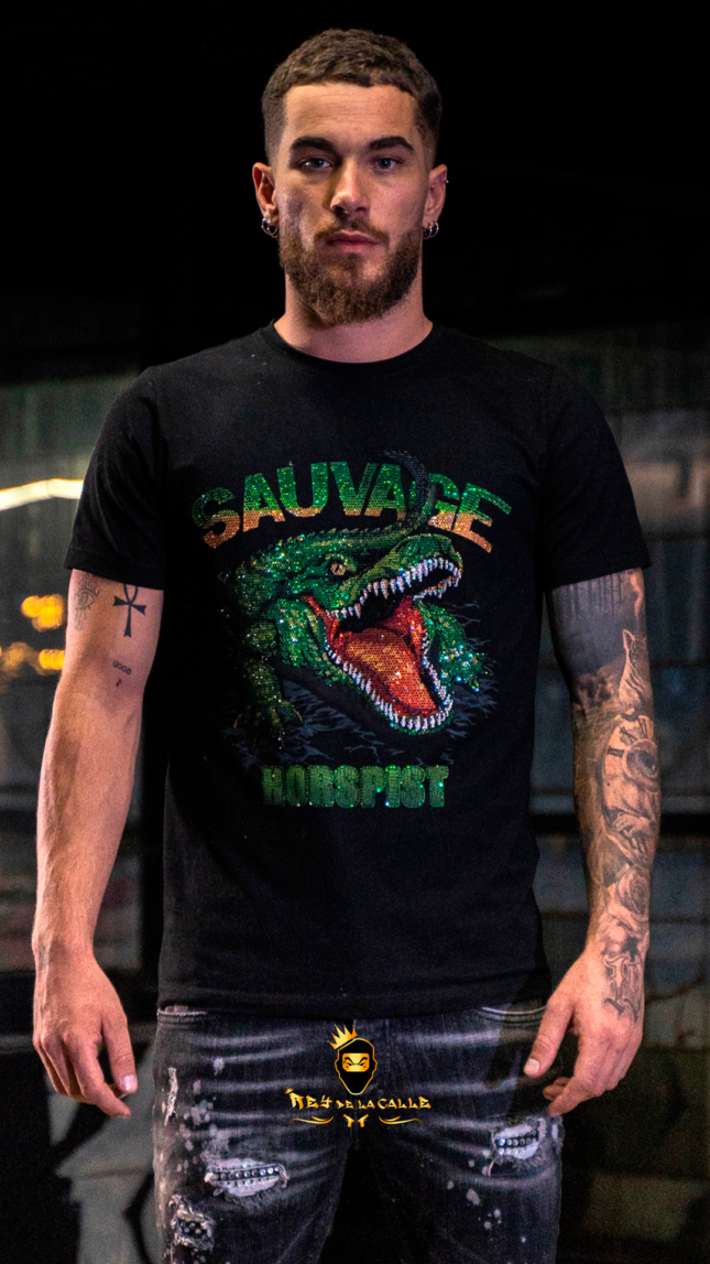 Camiseta Horspist París Negra Pedrería Brillante Reptile