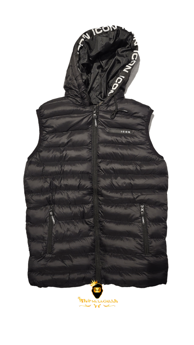 Chaleco Negro Marca ICON Letras Pequeñas Capucha