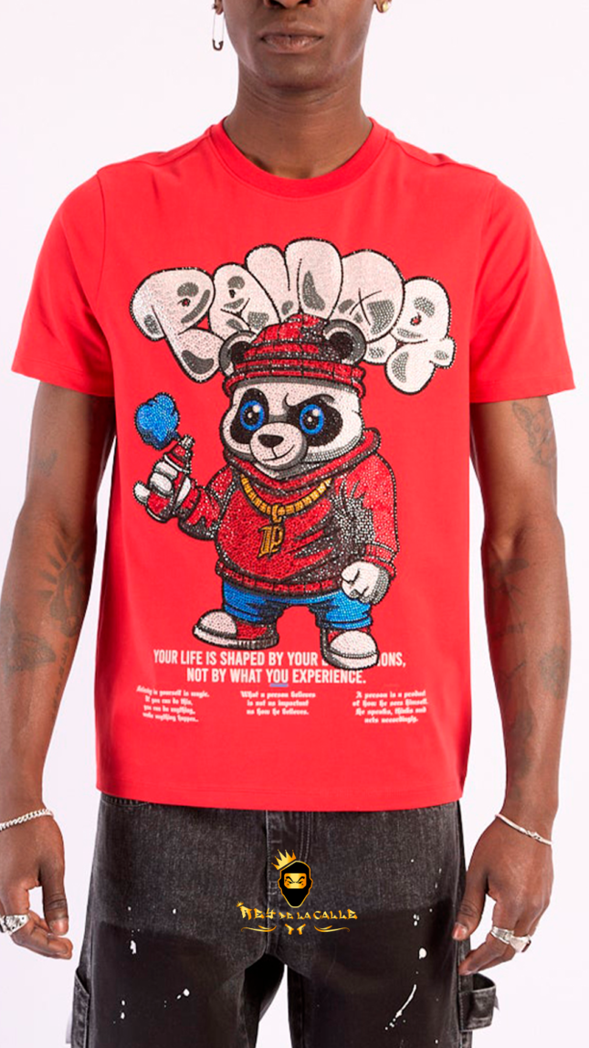 Camiseta Left Point Roja Pedrería Brillante Oso Panda