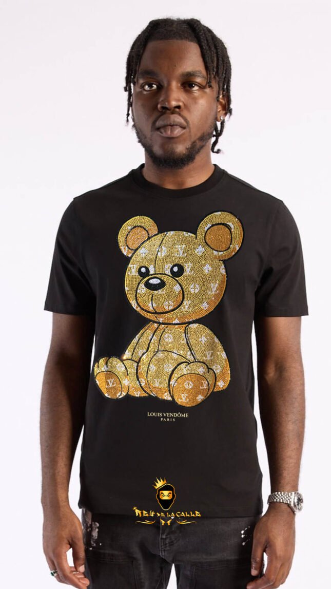 Camiseta Louis Vendome Negra Pedrería Brillante Oso Dorado