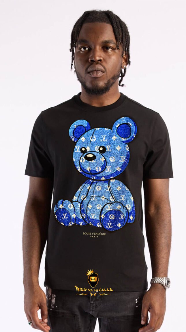 Camiseta Louis Vendome Negra Pedrería Brillante Oso Azul