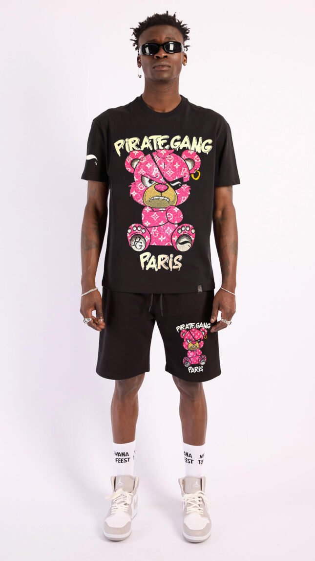 Conjunto PirateGang París Negro Pedrería Brillante Oso Rosa