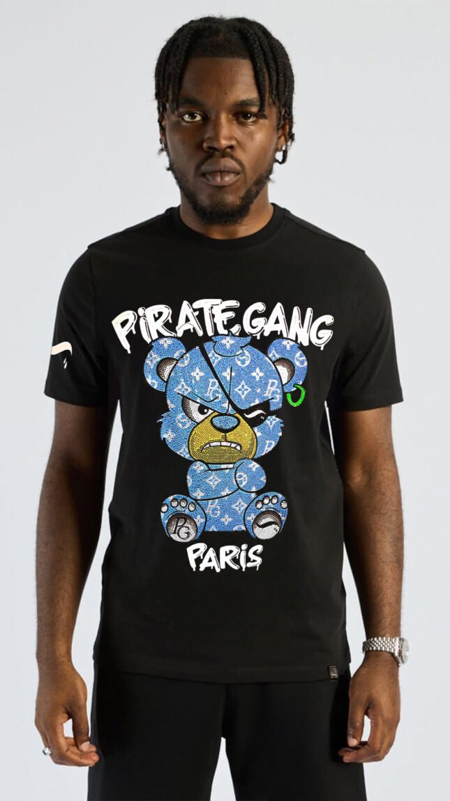Camiseta PirateGang París Negra Pedrería Brillante Oso Azul