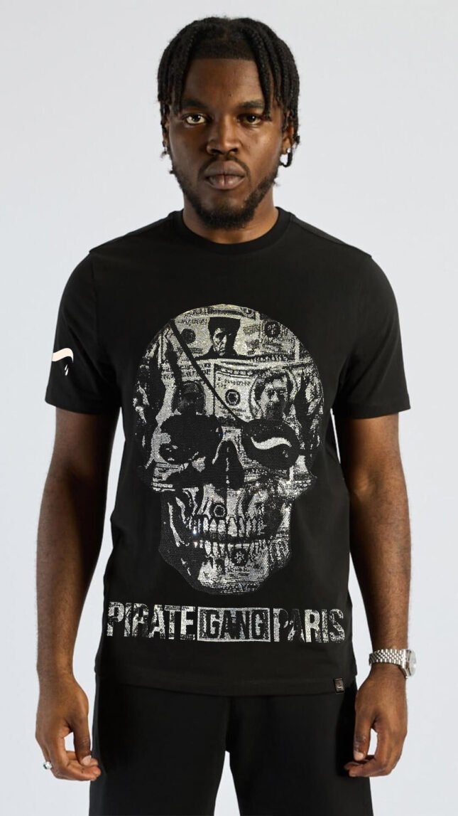 Camiseta PirateGang París Negra Pedrería Brillante Calavera