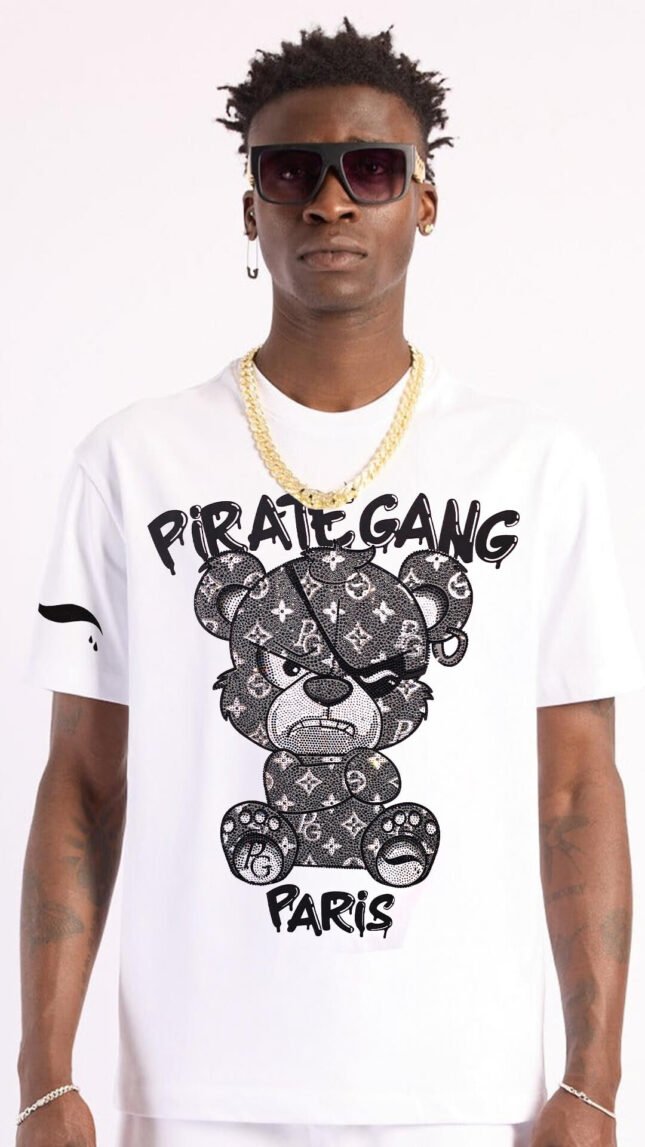 Camiseta PirateGang París Blanca Pedrería Brillante Oso Negro